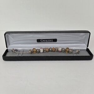 VTG Crescent Jeweler Silver-tone Charm Bracelet Glass Metal Rhinestones NOS